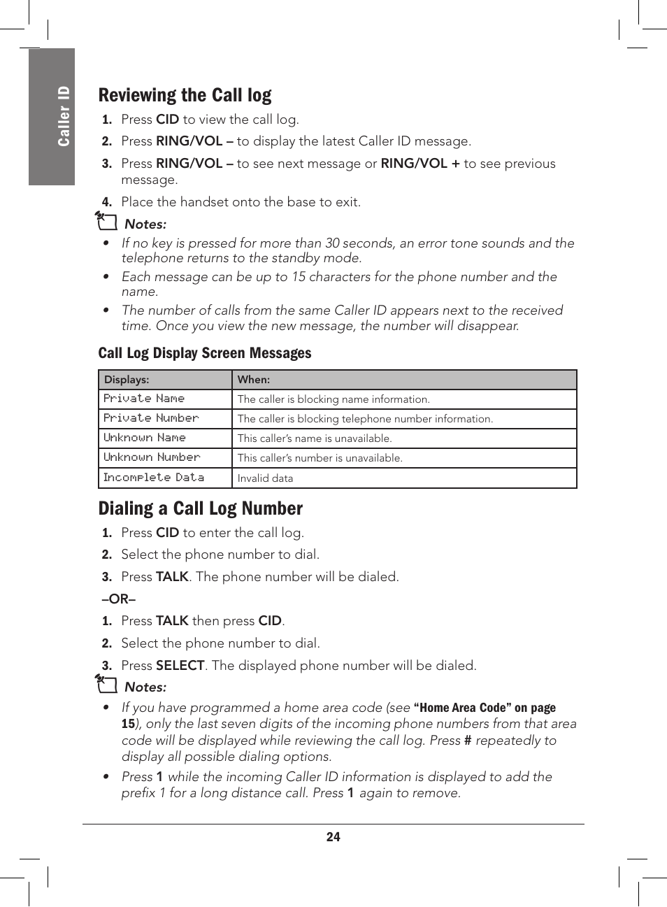 Reviewing the call log, Dialing a call log number, Cal le r id | Call log display screen messages | Radio Shack 43-3577 User Manual | Page 24 / 36