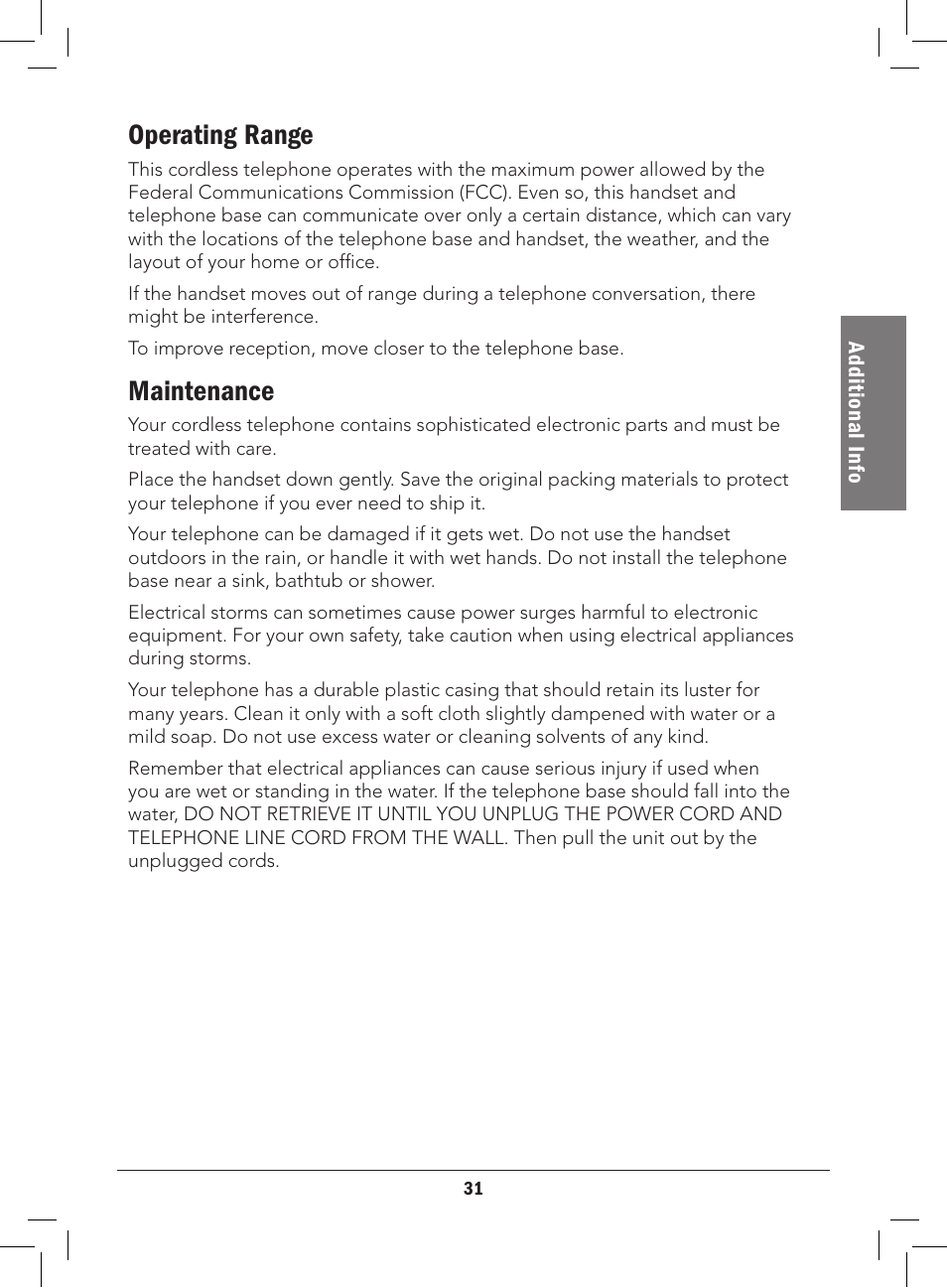 Operating range, Maintenance | Radio Shack 43-3577 User Manual | Page 31 / 36