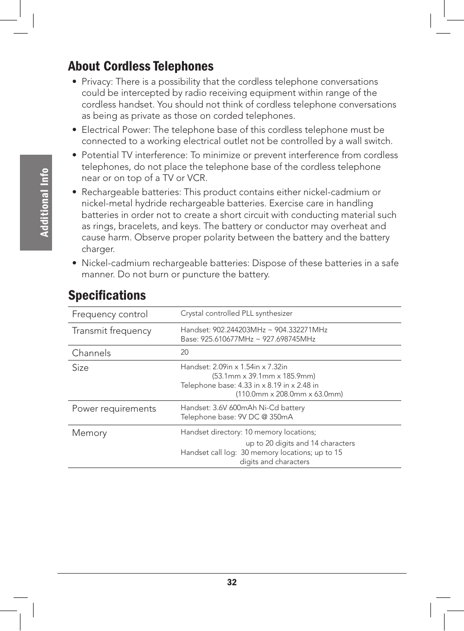 About cordless telephones, Specifications, Ad di ti on al i nf o | Radio Shack 43-3577 User Manual | Page 32 / 36