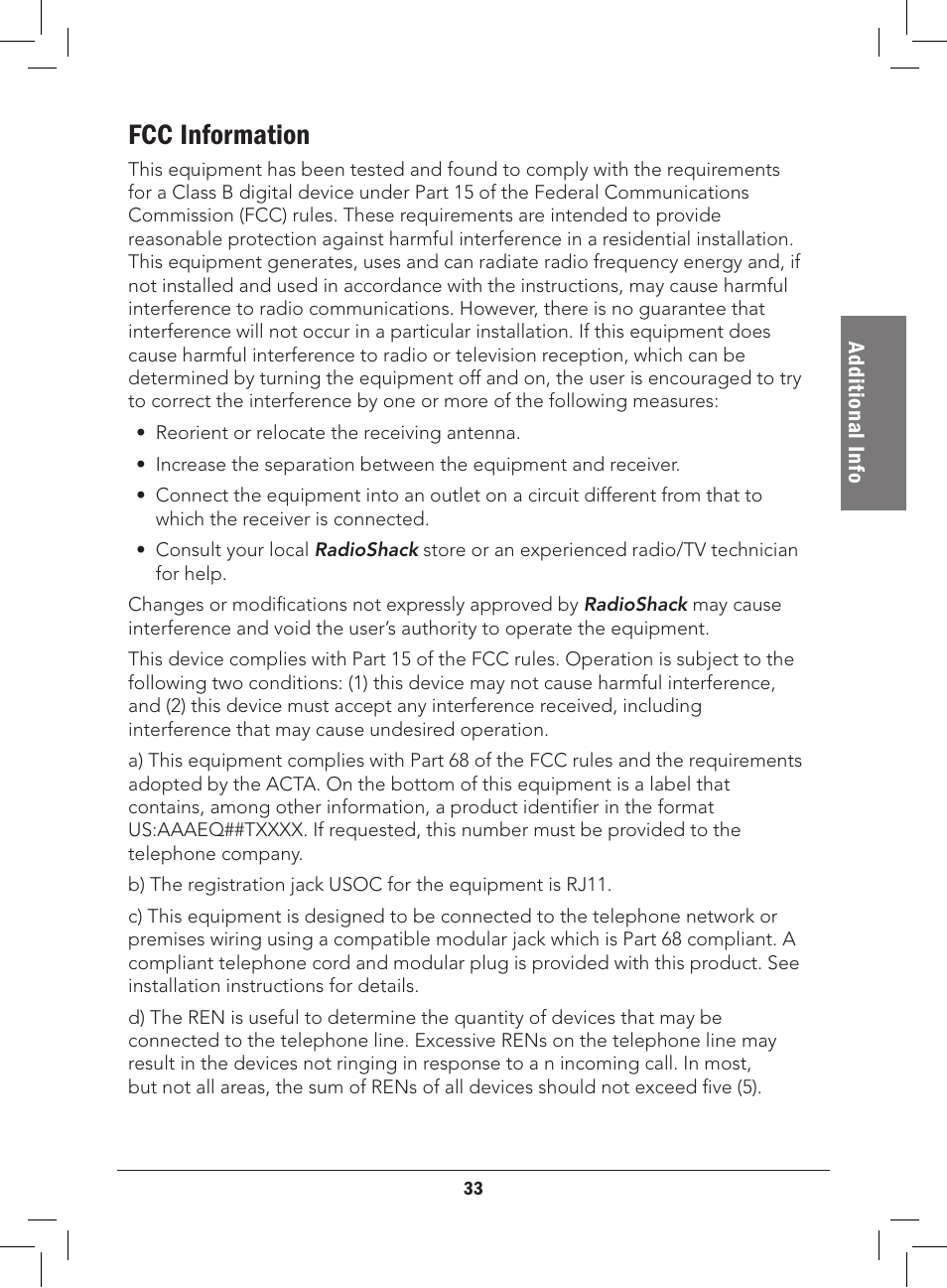Fcc information | Radio Shack 43-3577 User Manual | Page 33 / 36