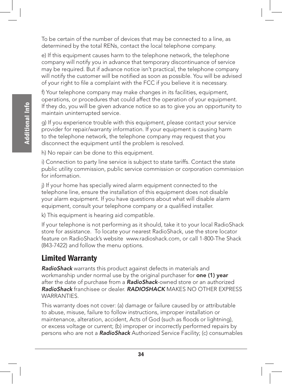 Limited warranty | Radio Shack 43-3577 User Manual | Page 34 / 36
