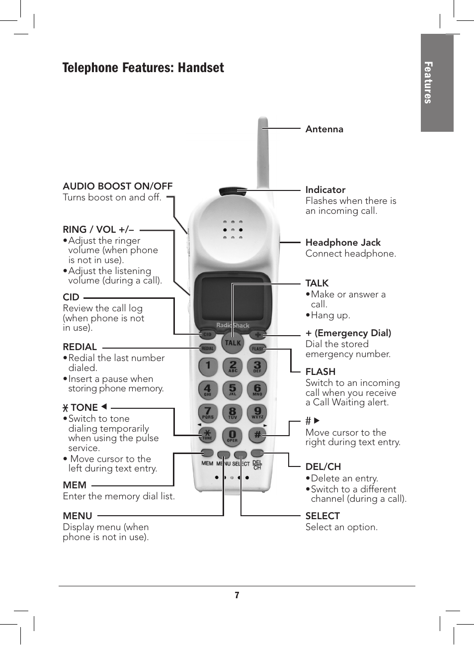 Telephone features: handset, Fe at ur es | Radio Shack 43-3577 User Manual | Page 7 / 36
