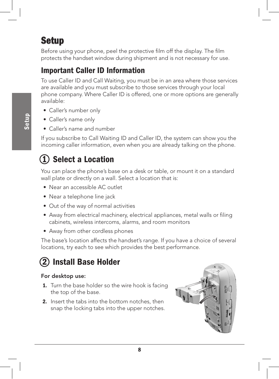 Setup, Select a location, Install base holder | Important caller id information | Radio Shack 43-3577 User Manual | Page 8 / 36