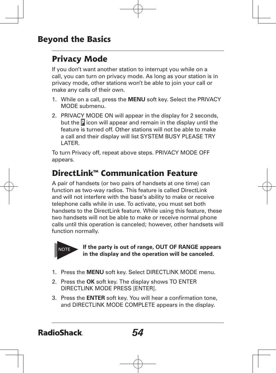Beyond the basics, Privacy mode, Directlink™ communication feature | Radio Shack 43-142 User Manual | Page 54 / 88