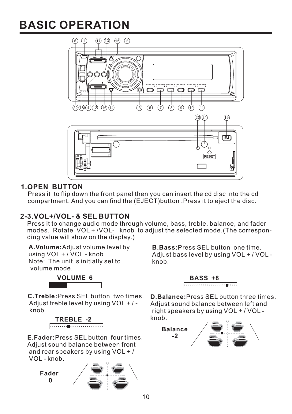 Basic operation, Open button, 3.vol+/vol- & sel button | Radio Shack PLD187V User Manual | Page 11 / 24