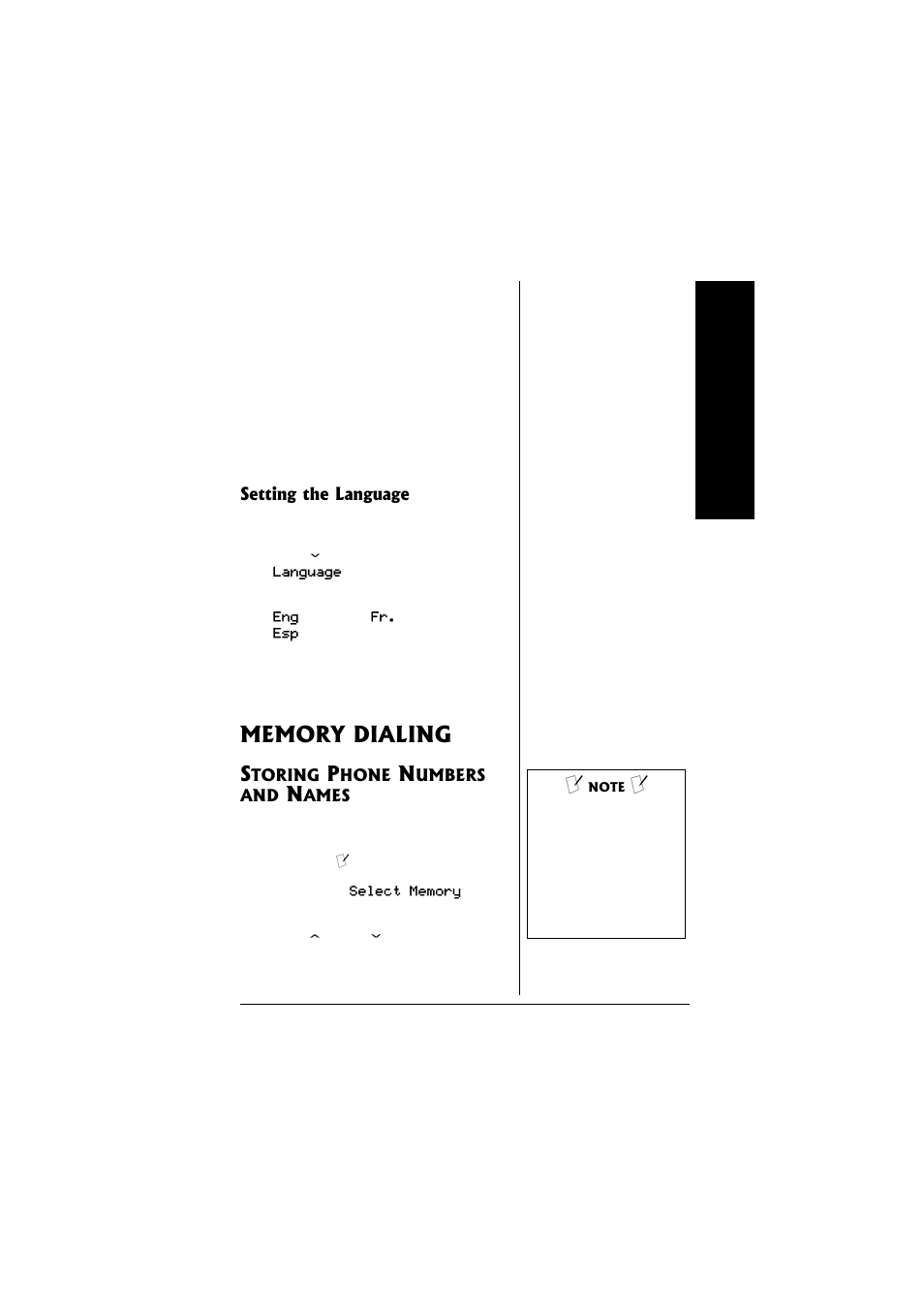 Setting the language, Memory dialing, Storing phone numbers and | Names | Radio Shack 43-3558 User Manual | Page 19 / 36
