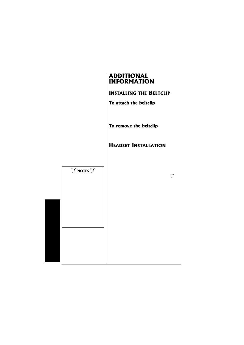Additional information, Installing the beltclip, To attach the beltclip to remove the beltclip | Headset installation | Radio Shack 43-3558 User Manual | Page 32 / 36