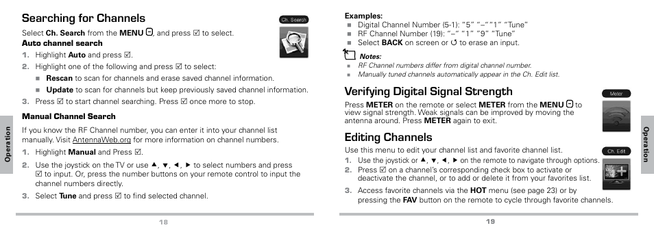 Editing channels, Searching for channels, Verifying digital signal strength | Radio Shack Auvio 16-923 User Manual | Page 10 / 19