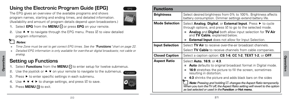 Using the electronic program guide (epg), Setting up functions, Functions | Radio Shack Auvio 16-923 User Manual | Page 11 / 19