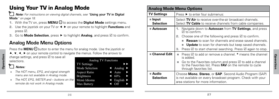 Using your tv in analog mode, Analog mode menu options | Radio Shack Auvio 16-923 User Manual | Page 14 / 19