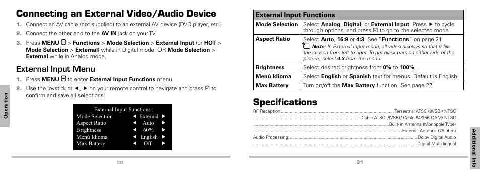 Connecting an external video/audio device, External input menu, Specifications | Radio Shack Auvio 16-923 User Manual | Page 16 / 19
