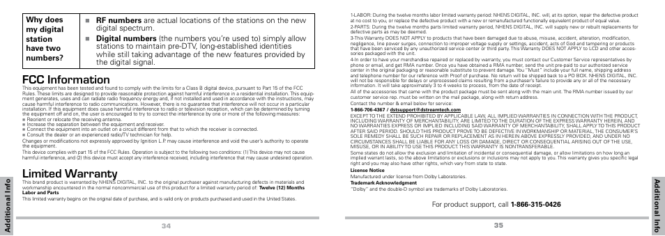 Fcc information limited warranty, Fcc information, Limited warranty | Why does my digital station have two numbers | Radio Shack Auvio 16-923 User Manual | Page 18 / 19