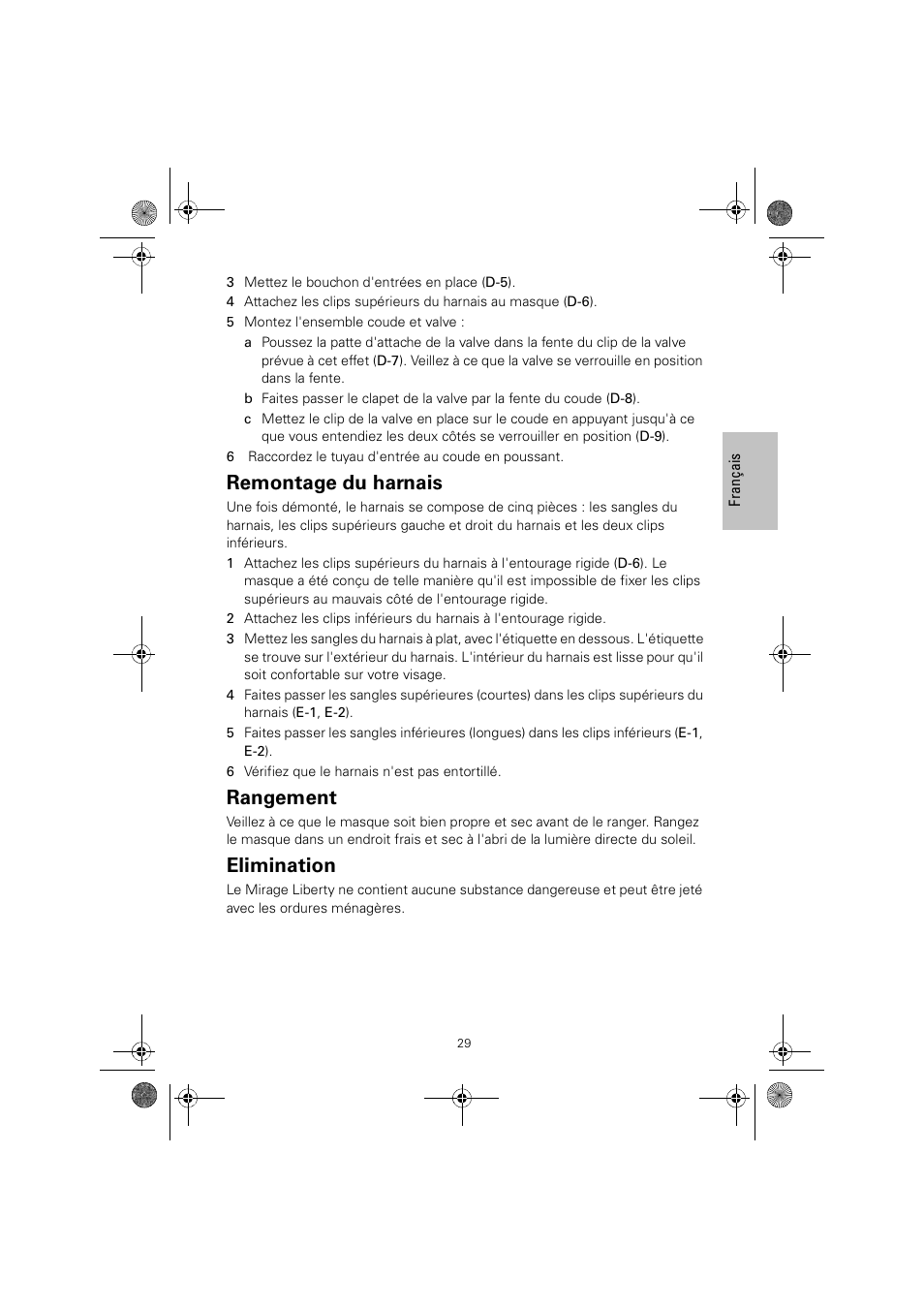 Remontage du harnais, Rangement, Elimination | ResMed MIRAGE LIBERTY 61848 User Manual | Page 33 / 84