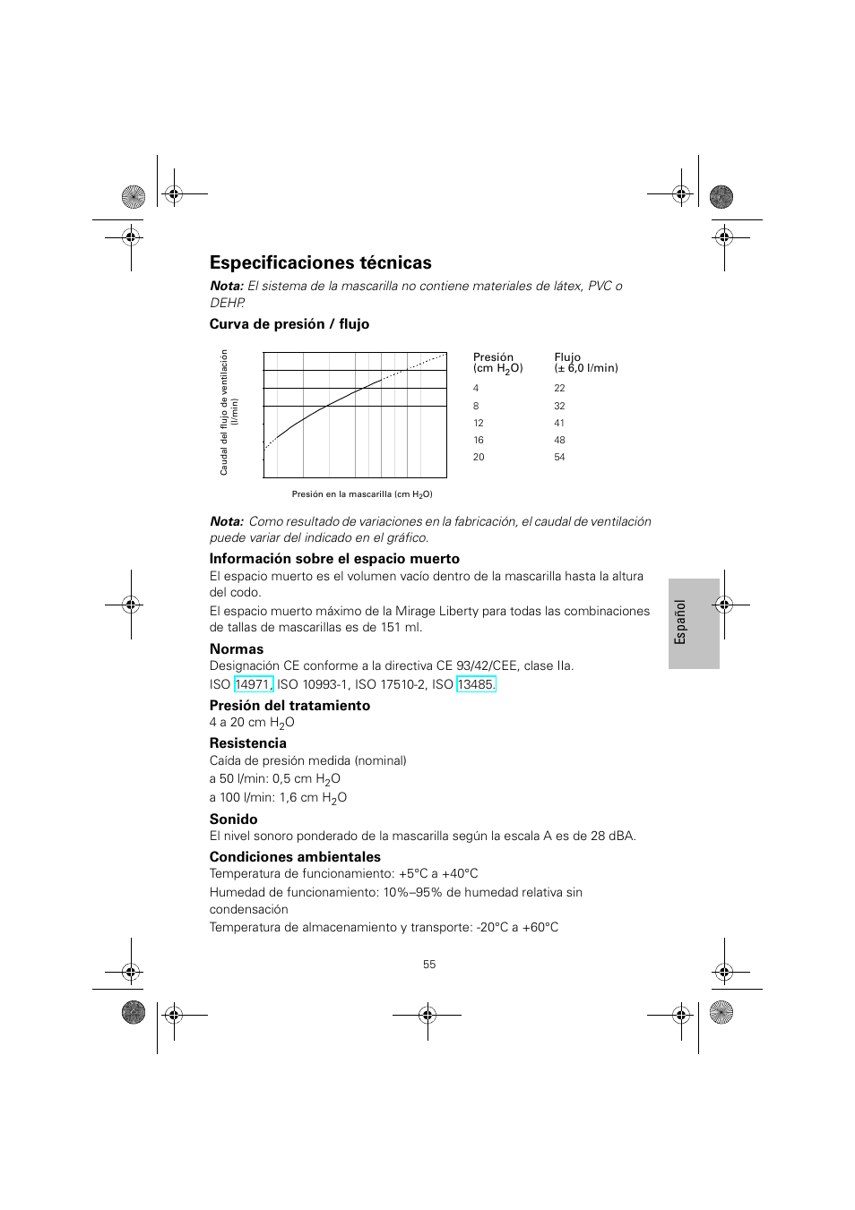 Especificaciones técnicas, Es pañ ol, Curva de presión / flujo | Información sobre el espacio muerto, Normas, Presión del tratamiento, Resistencia, Sonido, Condiciones ambientales, 4 a 20 cm h | ResMed MIRAGE LIBERTY 61848 User Manual | Page 59 / 84