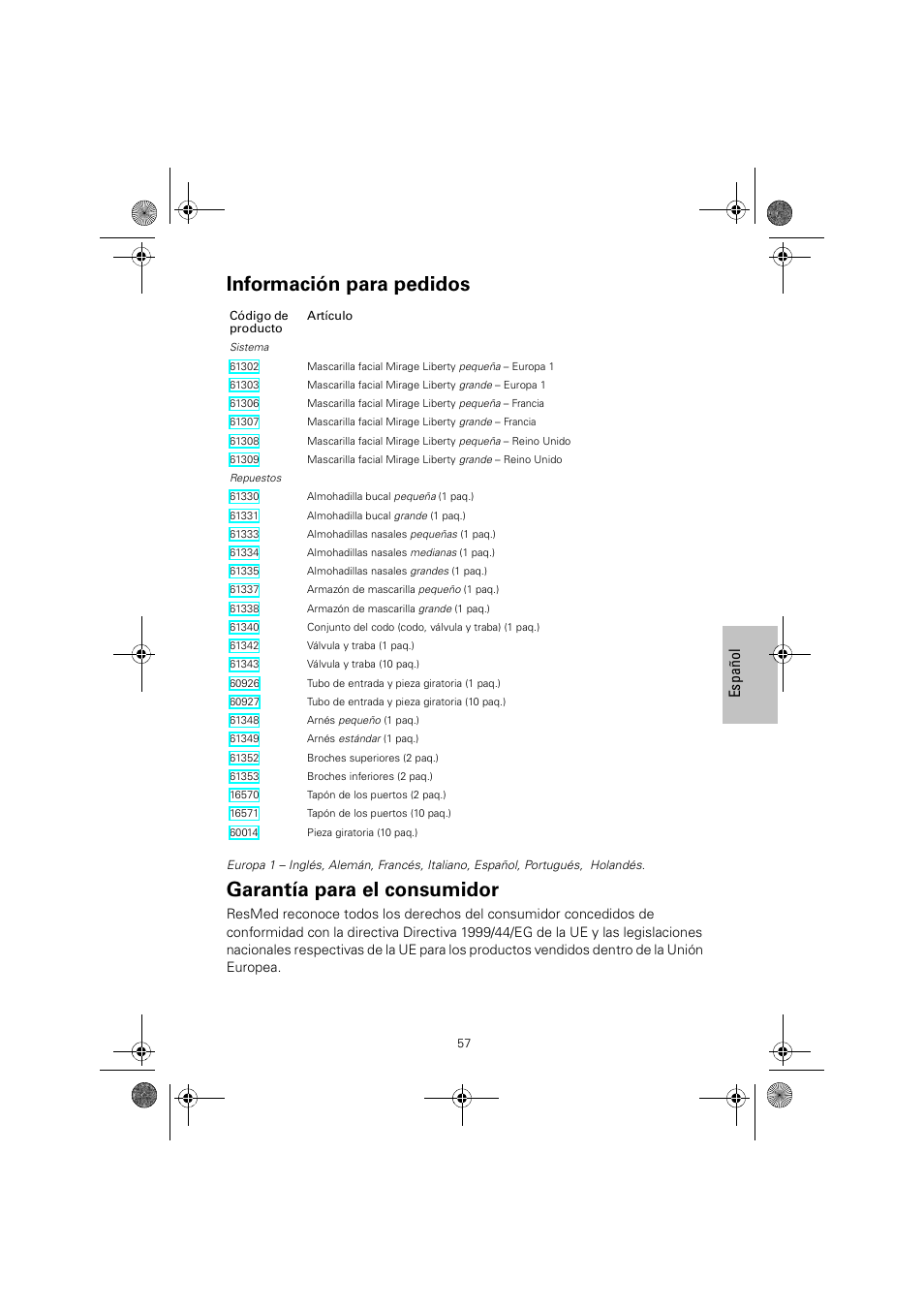Información para pedidos, Garantía para el consumidor | ResMed MIRAGE LIBERTY 61848 User Manual | Page 61 / 84