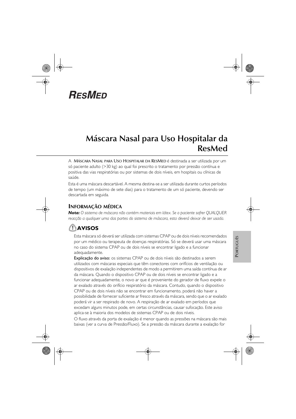 Máscara nasal para uso hospitalar da resmed | ResMed CPAP User Manual | Page 21 / 34
