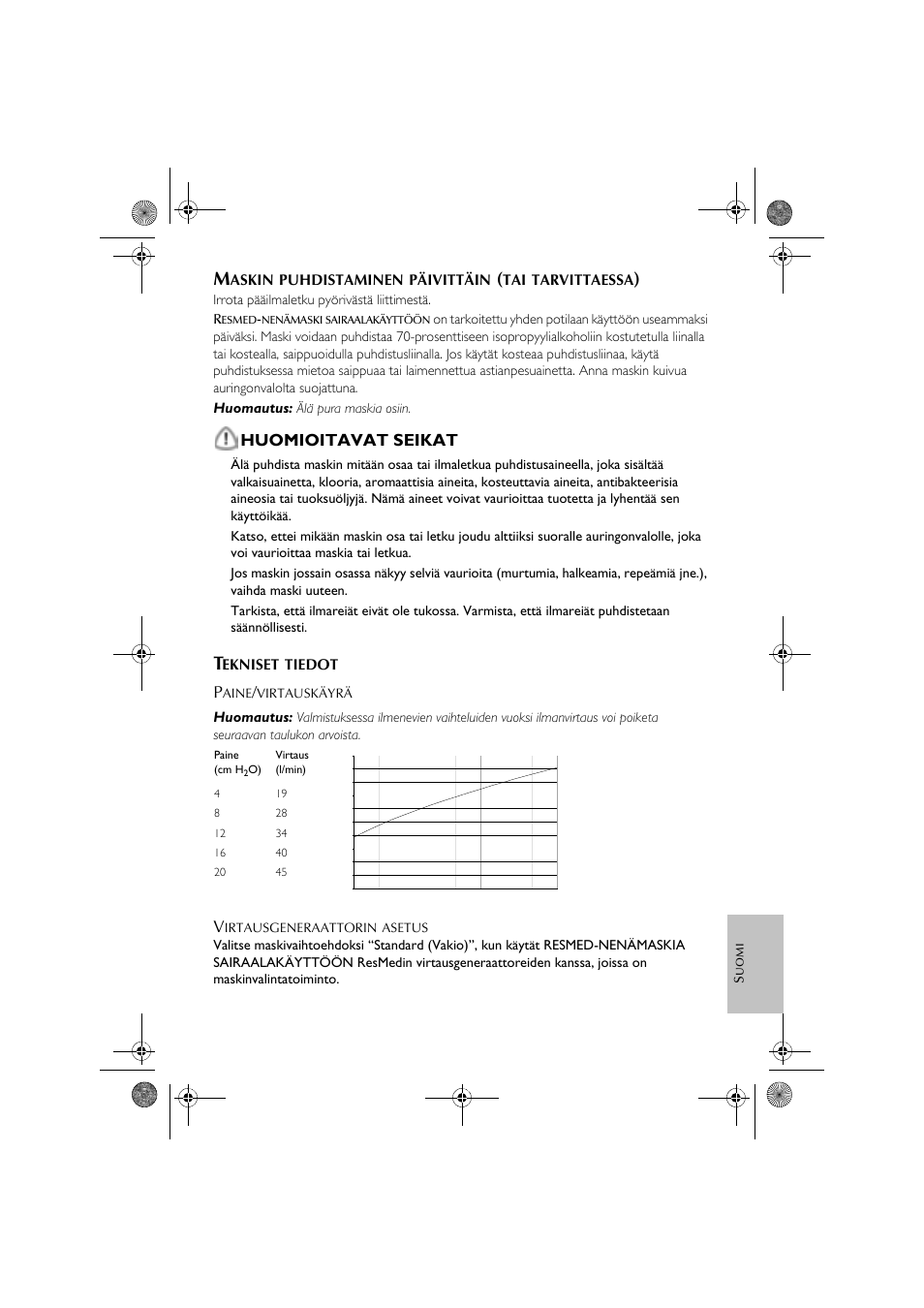 Huomioitavat seikat, Askin, Puhdistaminen | Päivittäin, Tarvittaessa, Huomautus, Ekniset, Tiedot | ResMed CPAP User Manual | Page 31 / 34