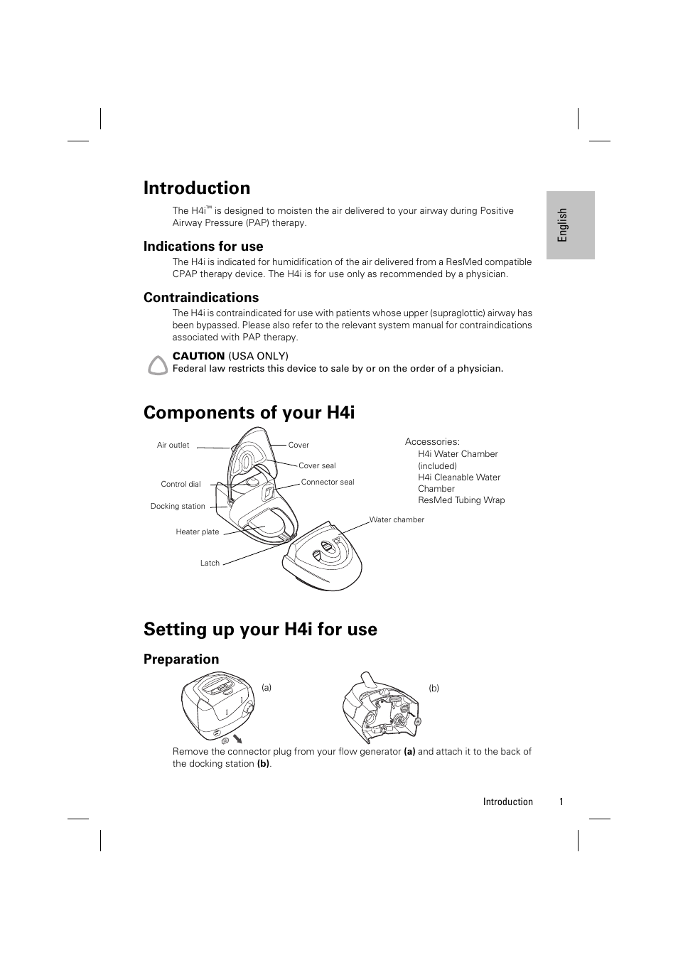 Introduction, Indications for use, Contraindications | Components of your h4i, Setting up your h4i for use, Preparation, Components of your h4i setting up your h4i for use | ResMed H4i User Manual | Page 3 / 14