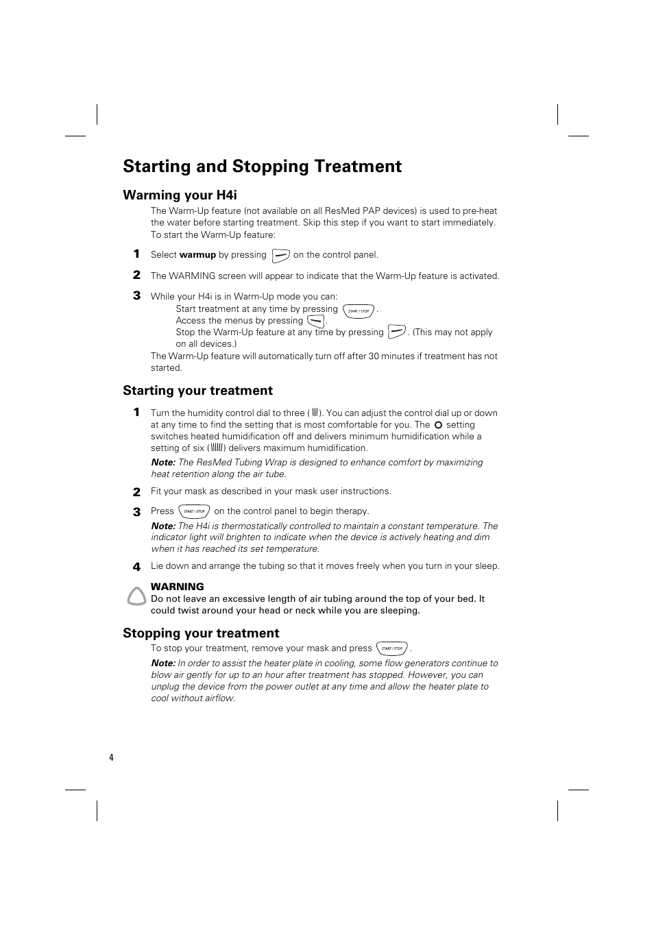 Starting and stopping treatment, Warming your h4i, Starting your treatment | Stopping your treatment | ResMed H4i User Manual | Page 6 / 14