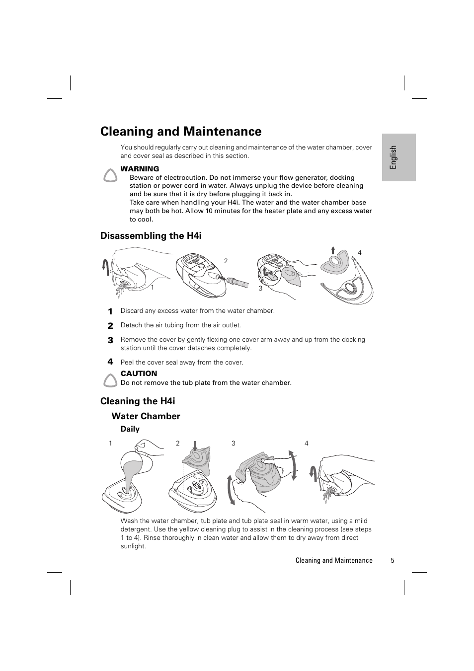 Cleaning and maintenance, Disassembling the h4i, Cleaning the h4i | Water chamber, Daily | ResMed H4i User Manual | Page 7 / 14