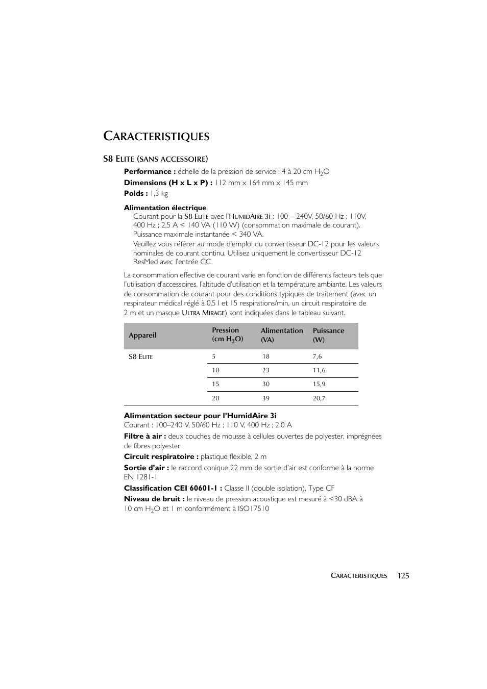 Aracteristiques, S8 e | ResMed Flow Generator S8 Elite System User Manual | Page 129 / 314