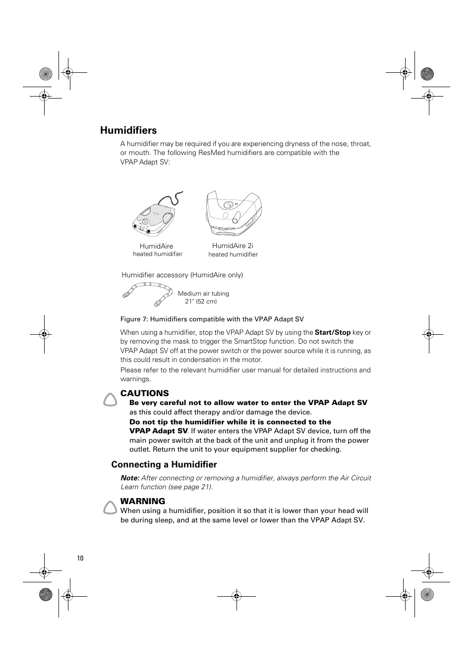 Humidifiers, Connecting a humidifier | ResMed Flow Generator VPAP Adapt SV User Manual | Page 10 / 42