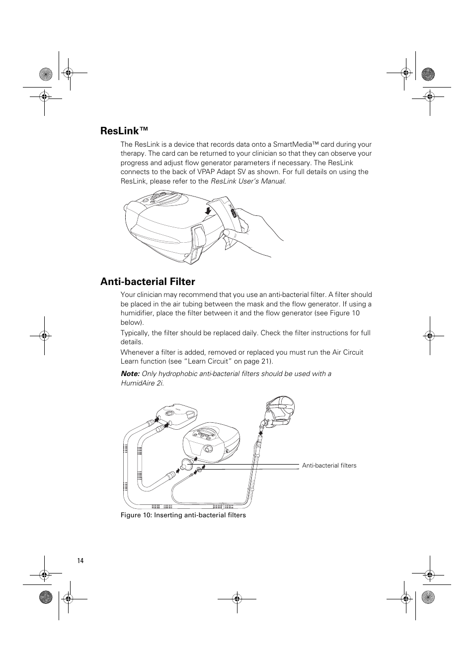 Reslink, Anti-bacterial filter | ResMed Flow Generator VPAP Adapt SV User Manual | Page 14 / 42