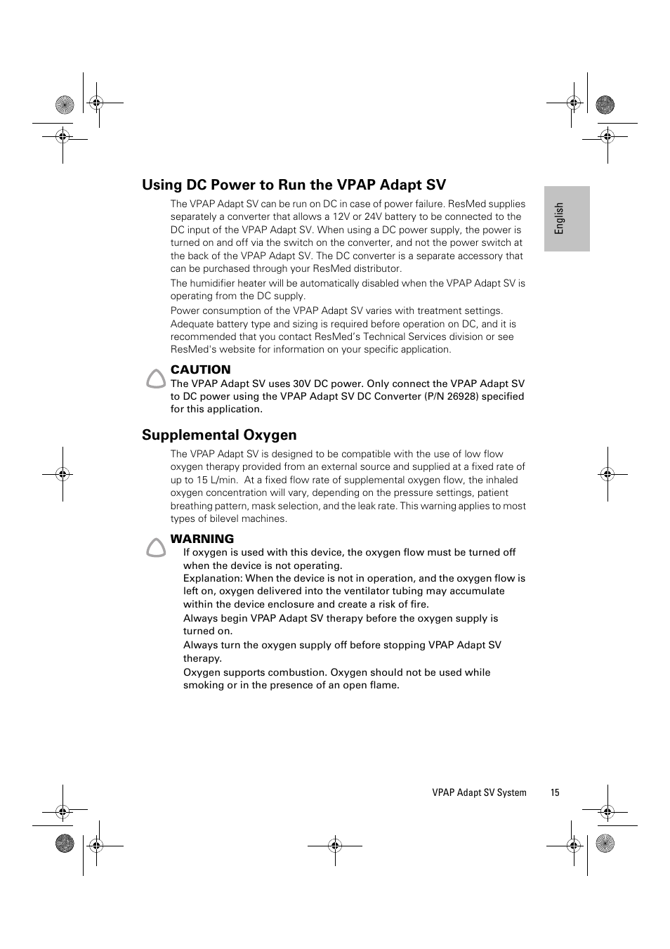 Using dc power to run the vpap adapt sv, Supplemental oxygen | ResMed Flow Generator VPAP Adapt SV User Manual | Page 15 / 42