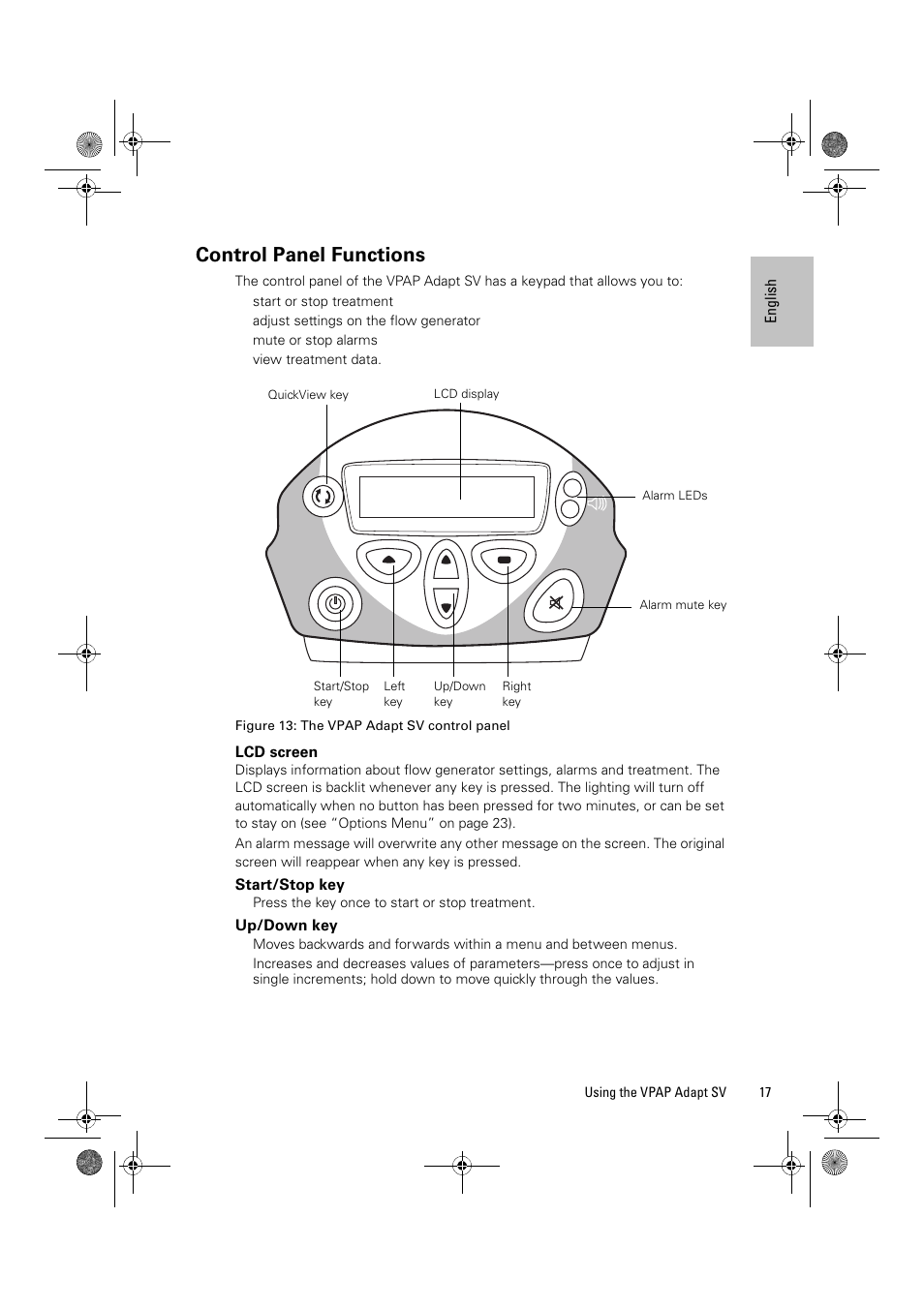 Control panel functions, Lcd screen, Start/stop key | Up/down key | ResMed Flow Generator VPAP Adapt SV User Manual | Page 17 / 42