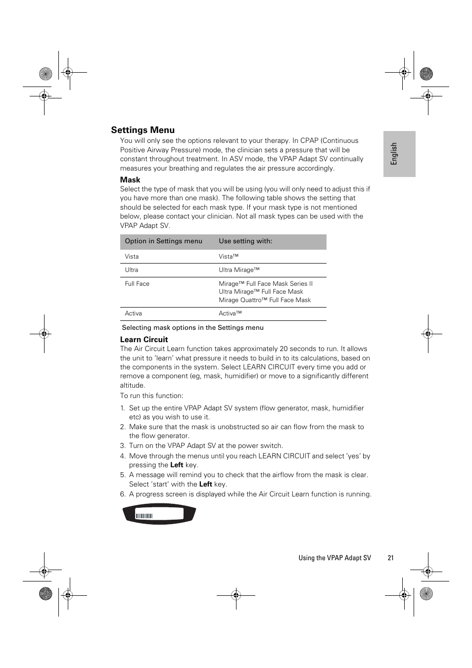 Settings menu, Mask, Learn circuit | ResMed Flow Generator VPAP Adapt SV User Manual | Page 21 / 42