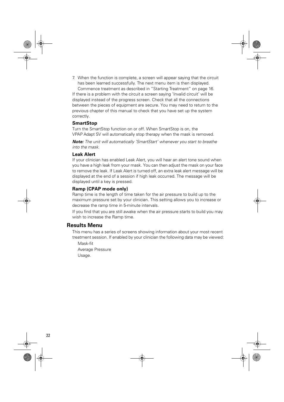 Smartstop, Leak alert, Ramp (cpap mode only) | Results menu | ResMed Flow Generator VPAP Adapt SV User Manual | Page 22 / 42