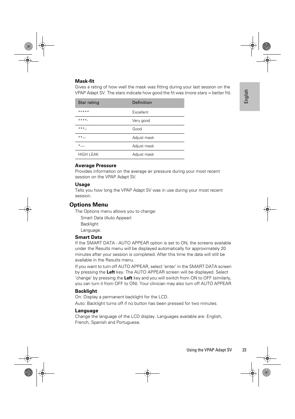 Mask-fit, Average pressure, Usage | Options menu, Smart data, Backlight, Language | ResMed Flow Generator VPAP Adapt SV User Manual | Page 23 / 42