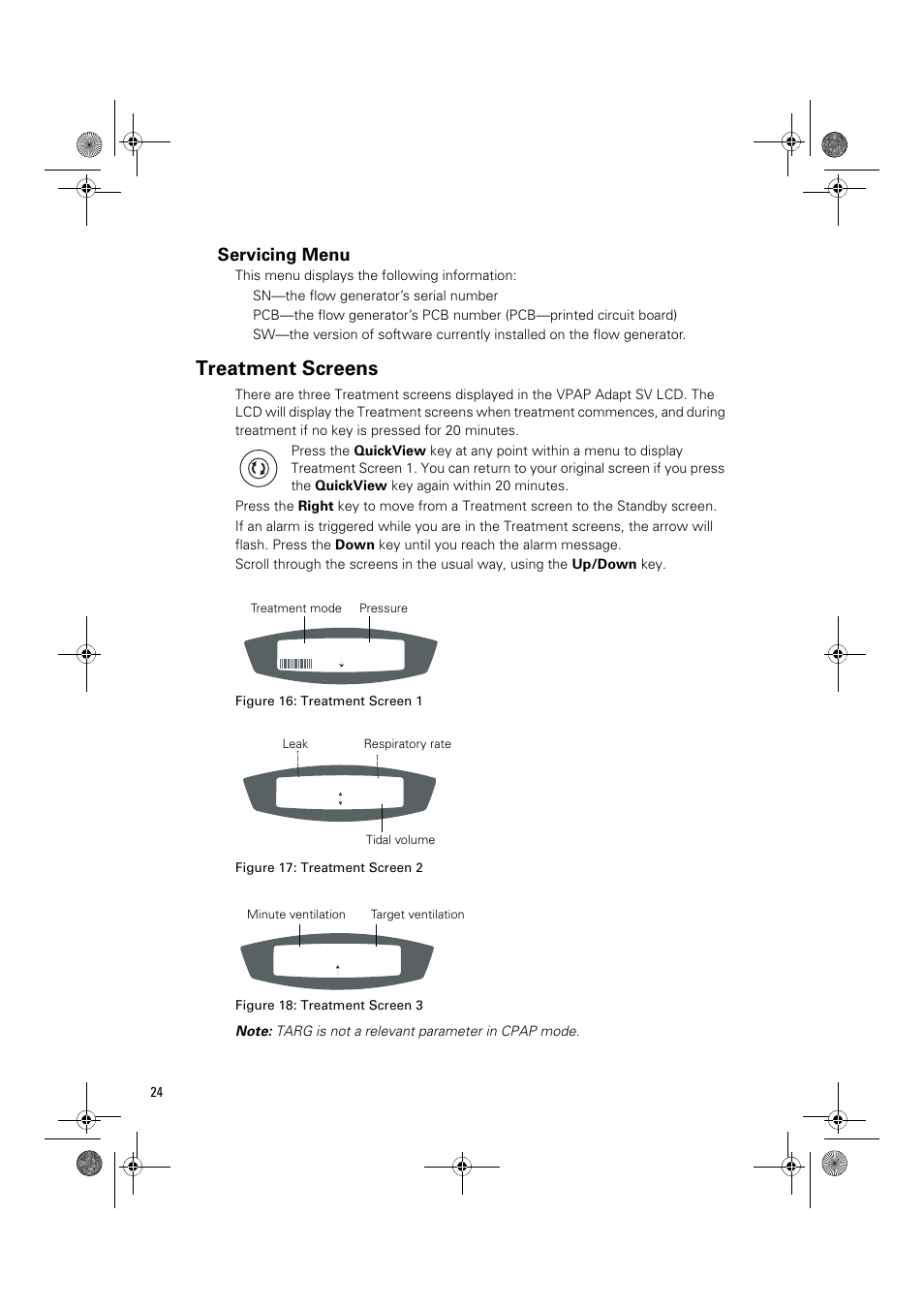 Servicing menu, Treatment screens | ResMed Flow Generator VPAP Adapt SV User Manual | Page 24 / 42