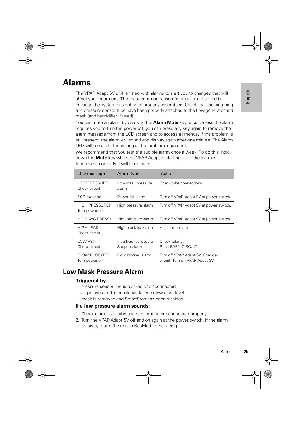 Alarms, Low mask pressure alarm, Triggered by | If a low pressure alarm sounds | ResMed Flow Generator VPAP Adapt SV User Manual | Page 25 / 42
