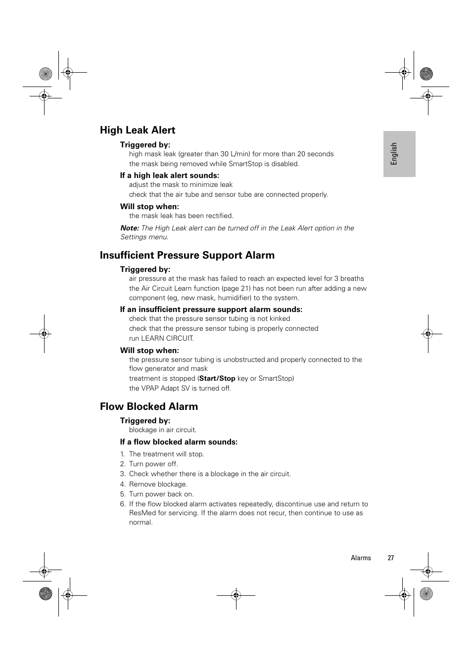 High leak alert, Triggered by, If a high leak alert sounds | Will stop when, Insufficient pressure support alarm, If an insufficient pressure support alarm sounds, Flow blocked alarm, If a flow blocked alarm sounds | ResMed Flow Generator VPAP Adapt SV User Manual | Page 27 / 42