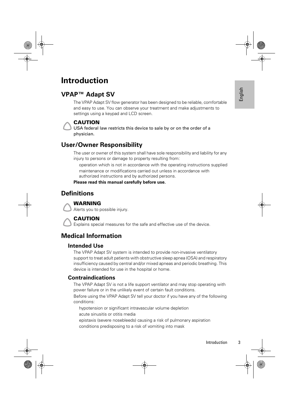 Introduction, Vpap™ adapt sv, User/owner responsibility | Definitions, Medical information, Intended use, Contraindications | ResMed Flow Generator VPAP Adapt SV User Manual | Page 3 / 42