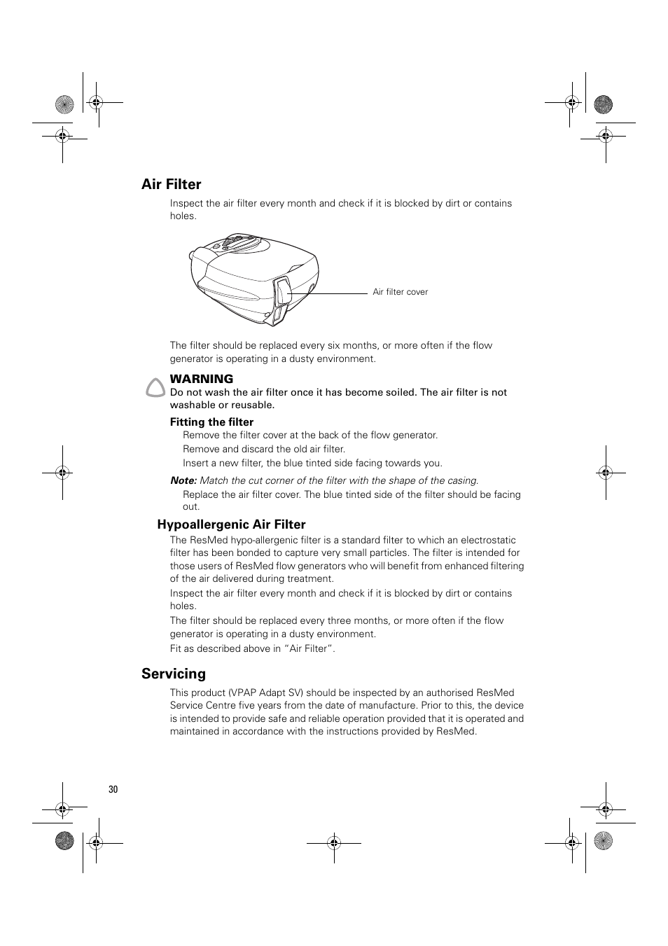 Air filter, Fitting the filter, Hypoallergenic air filter | Servicing | ResMed Flow Generator VPAP Adapt SV User Manual | Page 30 / 42