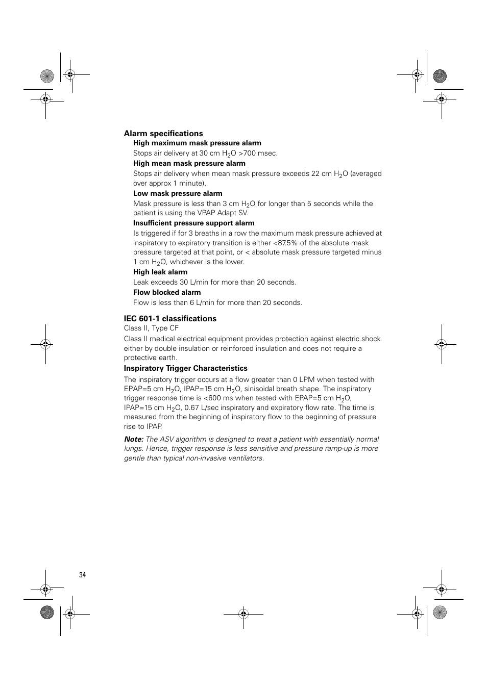 Alarm specifications, Iec 601-1 classifications | ResMed Flow Generator VPAP Adapt SV User Manual | Page 34 / 42