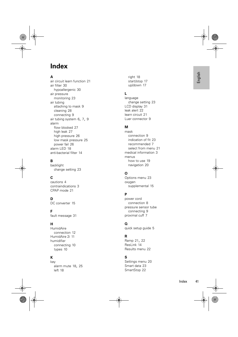 Index | ResMed Flow Generator VPAP Adapt SV User Manual | Page 41 / 42