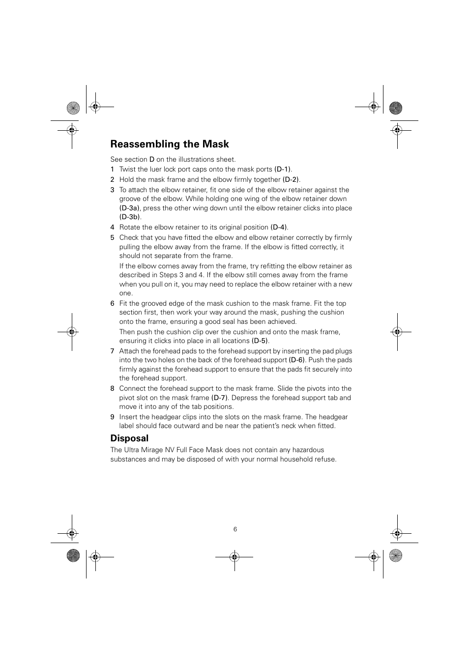 Reassembling the mask, Disposal | ResMed ULTRAMIRAGE 608140/20611 User Manual | Page 10 / 44