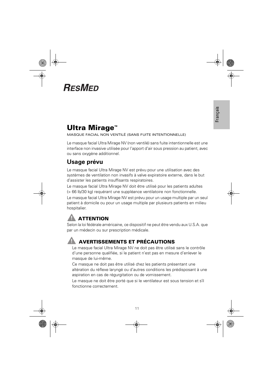 Ultra mirage, Usage prévu | ResMed ULTRAMIRAGE 608140/20611 User Manual | Page 15 / 44