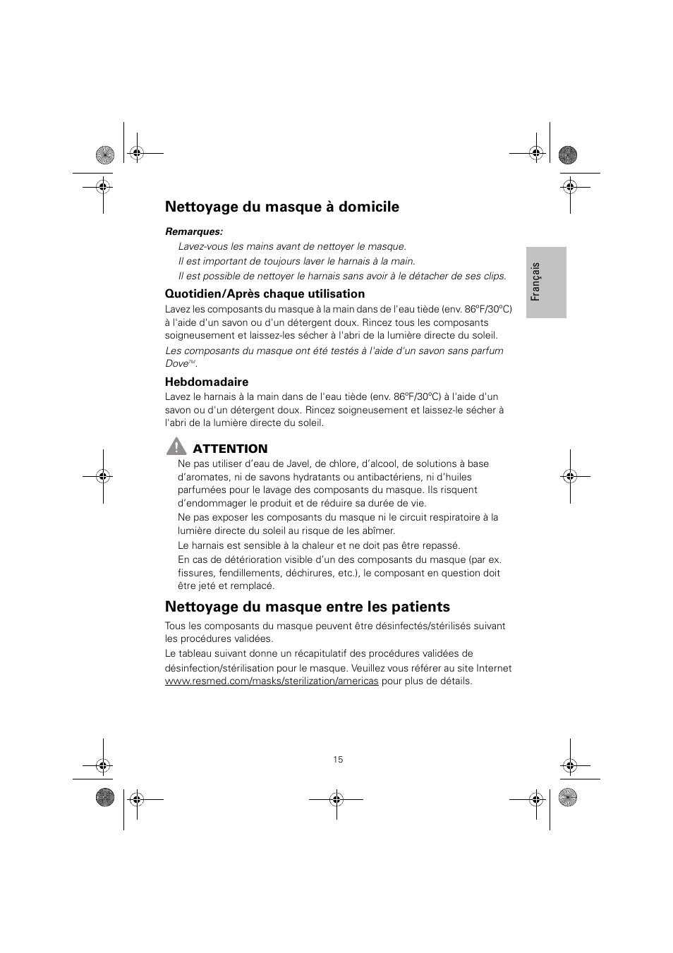 Nettoyage du masque à domicile, Nettoyage du masque entre les patients | ResMed ULTRAMIRAGE 608140/20611 User Manual | Page 19 / 44