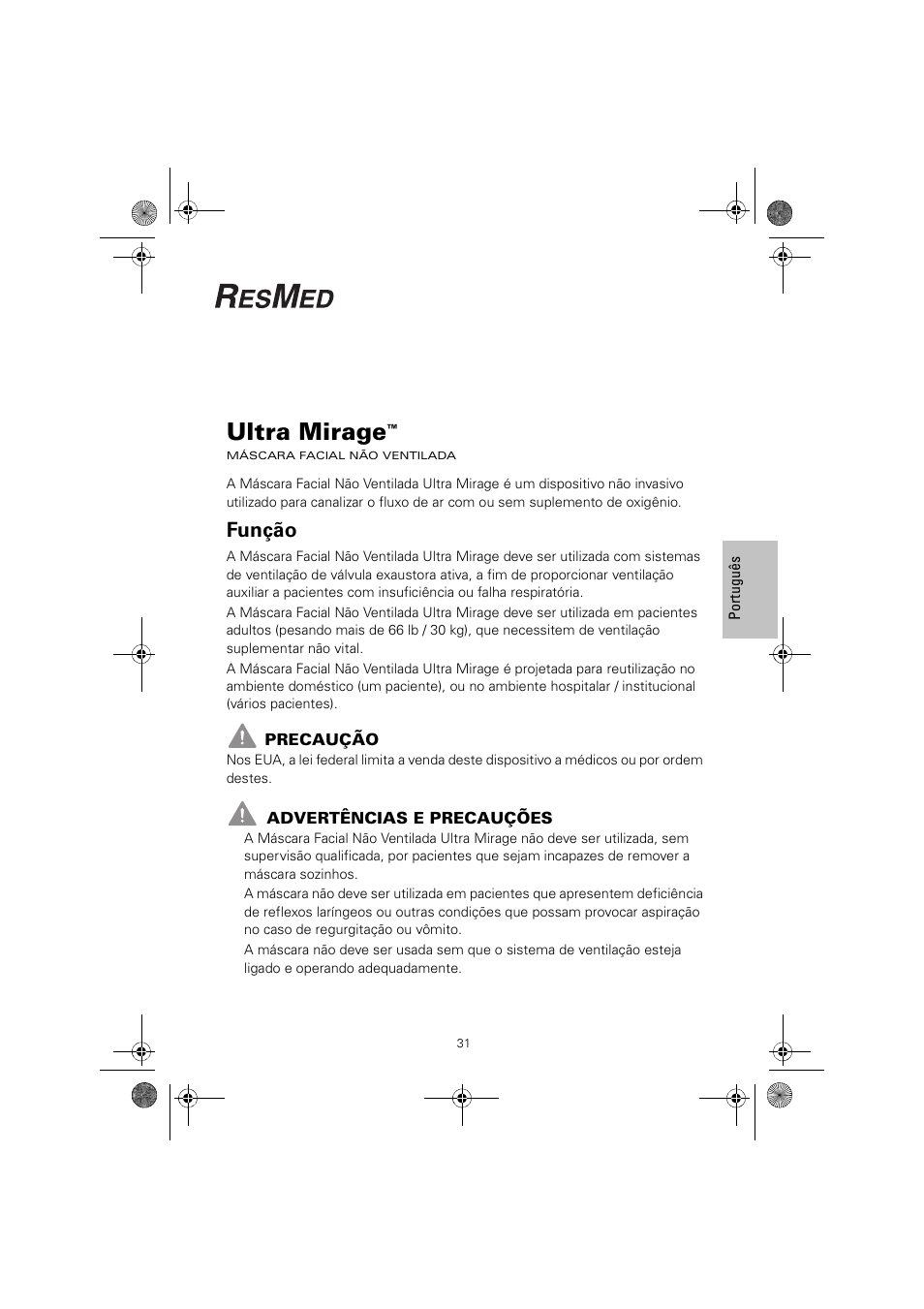 Ultra mirage, Função | ResMed ULTRAMIRAGE 608140/20611 User Manual | Page 35 / 44