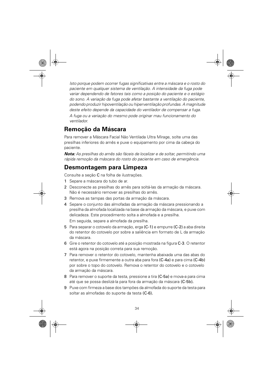 Remoção da máscara, Desmontagem para limpeza | ResMed ULTRAMIRAGE 608140/20611 User Manual | Page 38 / 44