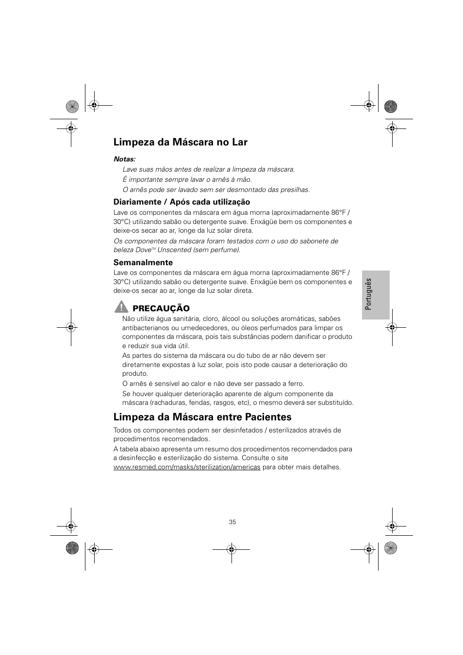 Limpeza da máscara no lar, Limpeza da máscara entre pacientes | ResMed ULTRAMIRAGE 608140/20611 User Manual | Page 39 / 44