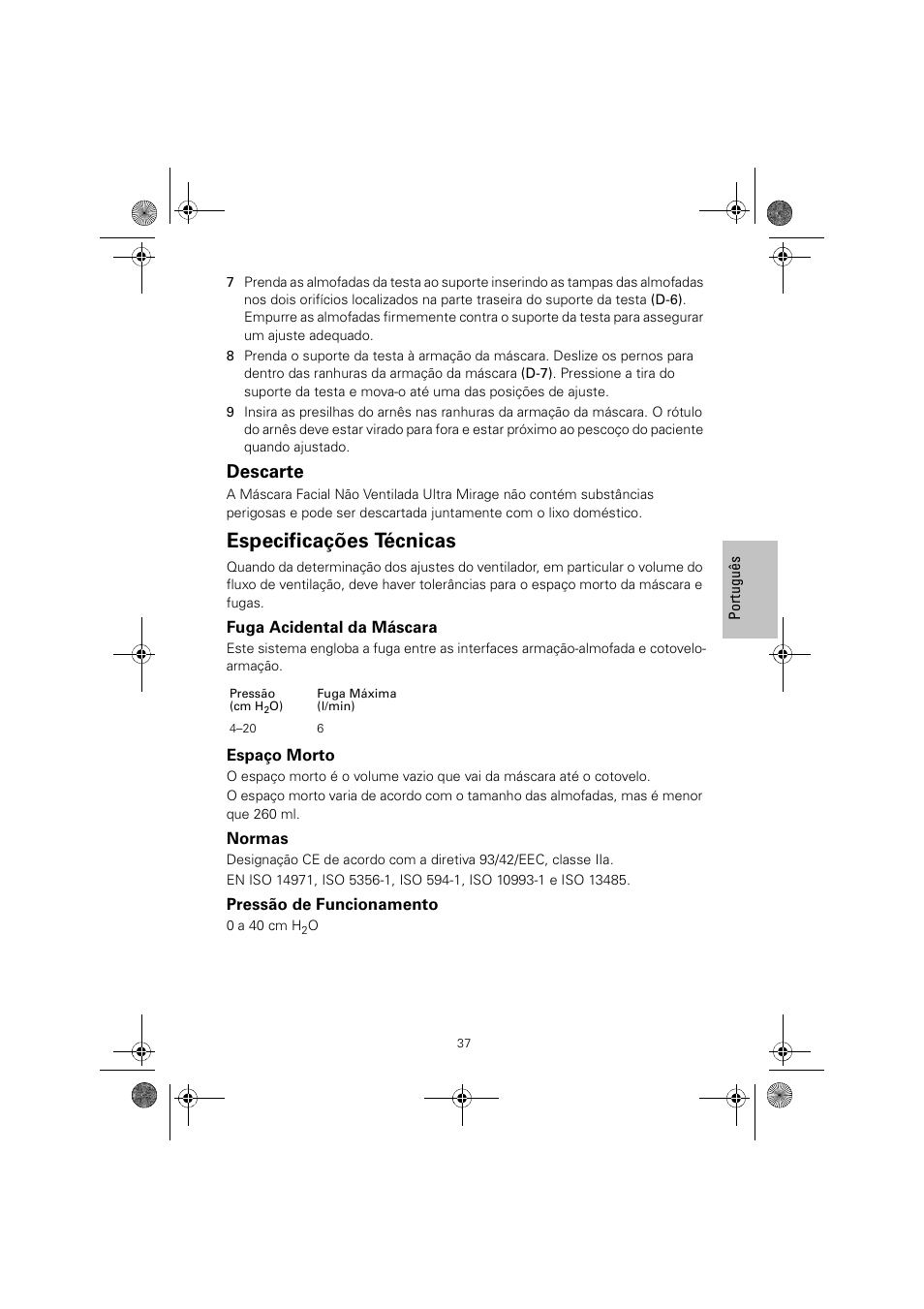 Especificações técnicas, Descarte | ResMed ULTRAMIRAGE 608140/20611 User Manual | Page 41 / 44