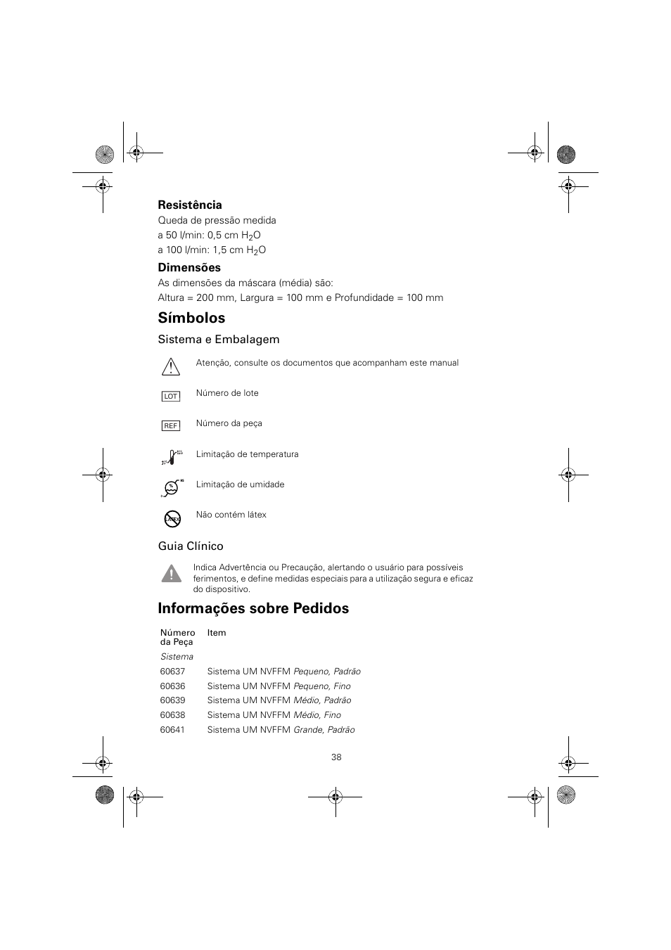 Símbolos, Informações sobre pedidos | ResMed ULTRAMIRAGE 608140/20611 User Manual | Page 42 / 44