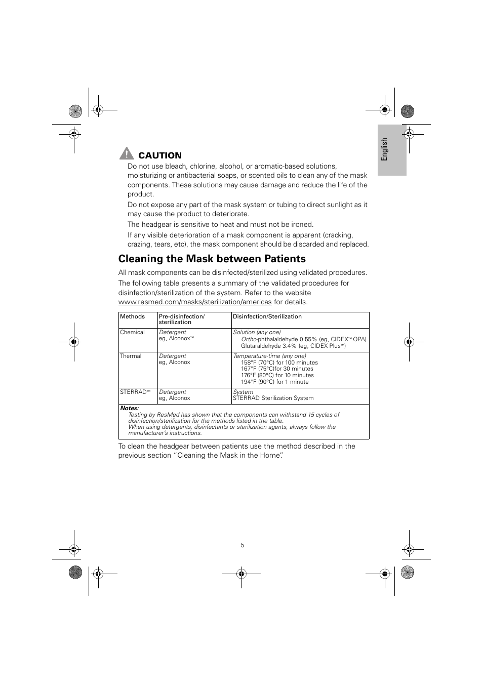 Cleaning the mask between patients, Caution | ResMed ULTRAMIRAGE 608140/20611 User Manual | Page 9 / 44