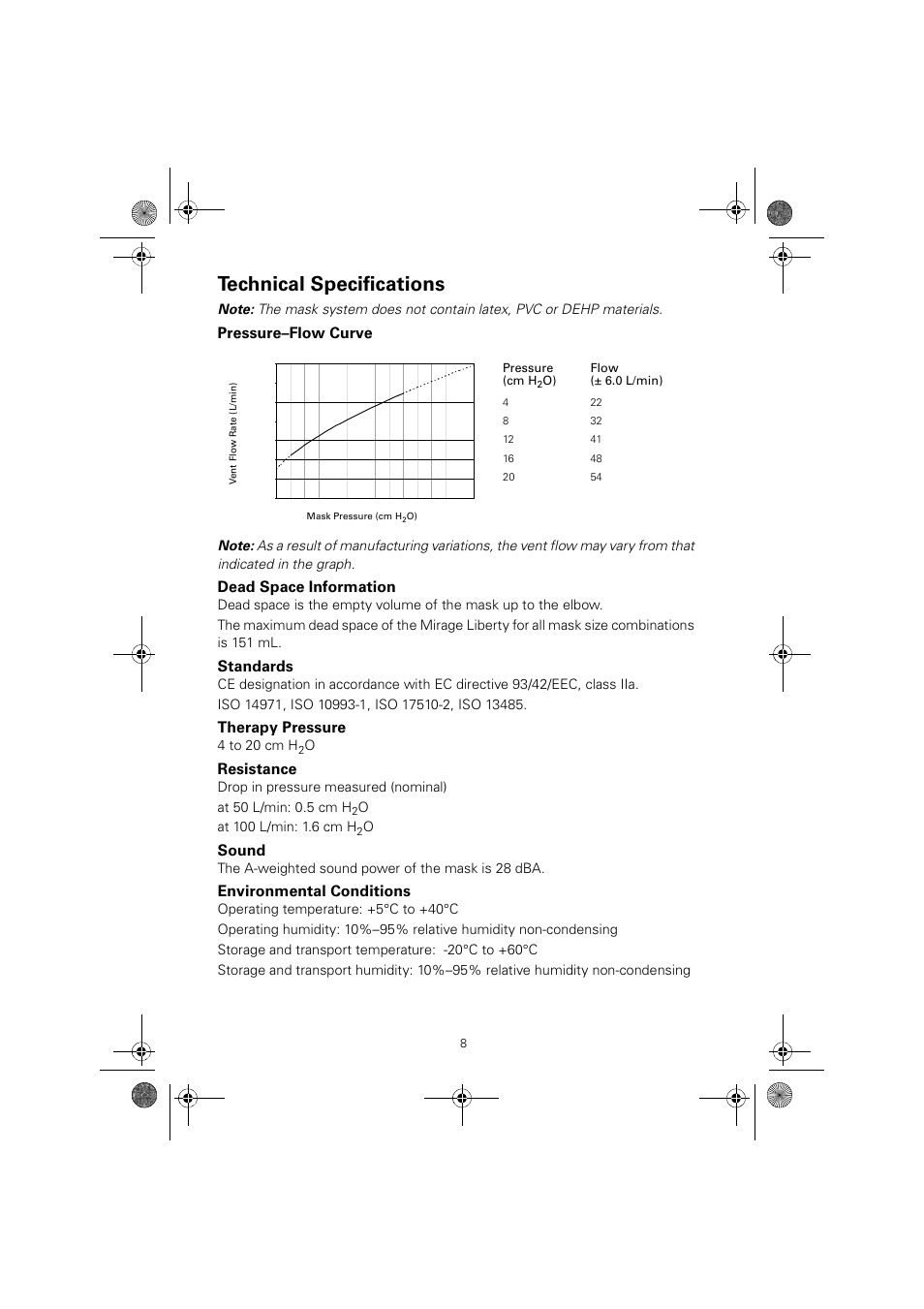Technical specifications, Pressure–flow curve, Dead space information | Standards, Therapy pressure, Resistance, Sound, Environmental conditions, 4 to 20 cm h, The a-weighted sound power of the mask is 28 dba | ResMed MIRAGE LIBERTY 61850/2 User Manual | Page 12 / 14