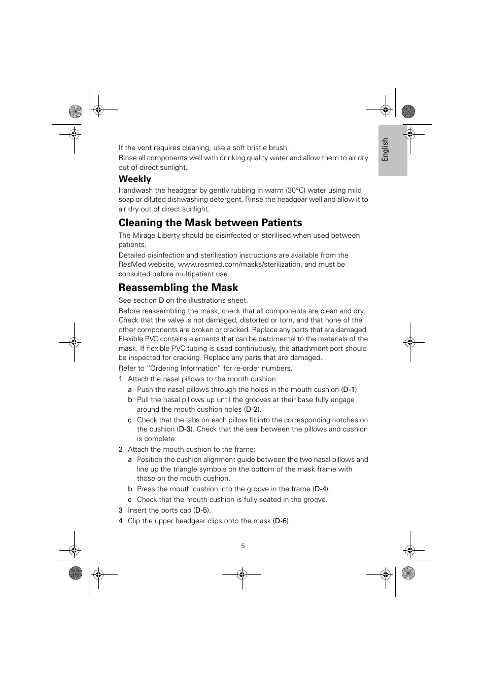 Cleaning the mask between patients, Reassembling the mask | ResMed MIRAGE LIBERTY 61850/2 User Manual | Page 9 / 14